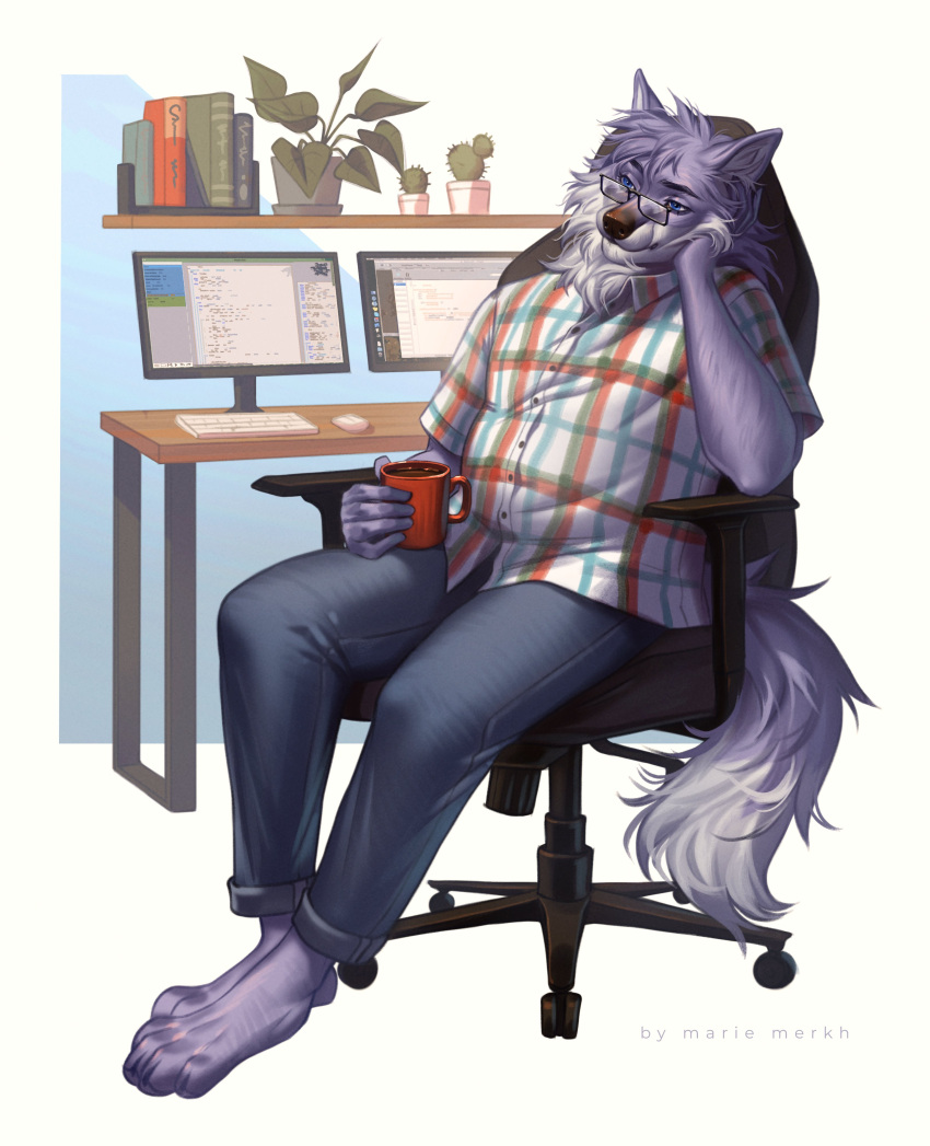 absurd_res anthro blue_eyes canid clothed clothing electronics fur hair hi_res holding_mug holding_object male mammal marie_merkh monitor mouth_closed mug narrowed_eyes plant plant_pot potted_plant purple_body purple_fur purple_hair short_hair sitting slightly_chubby slightly_chubby_anthro slightly_chubby_male solo