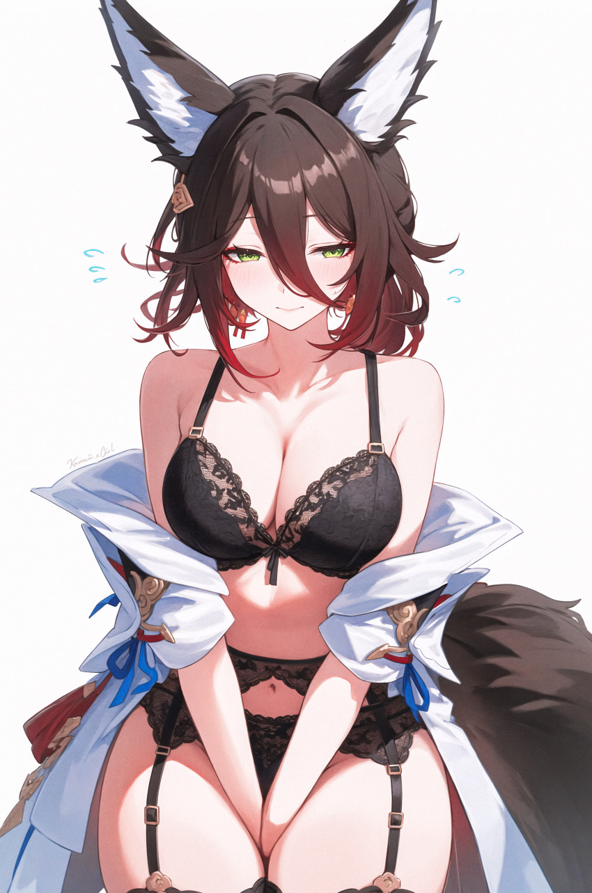 1girl absurdres ai-generated animal_ear_fluff animal_ears artist_name bare_shoulders between_legs black_bra black_panties bra breasts brown_hair cleavage collarbone fox_ears fox_girl fox_tail garter_belt gradient_hair green_eyes hair_between_eyes highres honkai:_star_rail honkai_(series) kawaii_xgirl large_breasts lingerie long_hair looking_at_viewer multicolored_hair navel off_shoulder open_clothes panties ponytail red_hair solo tail thighs tingyun_(honkai:_star_rail) underwear