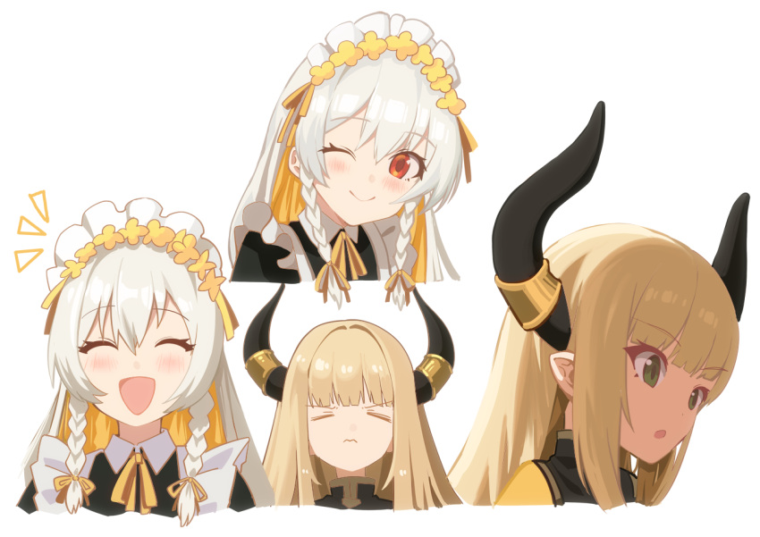 2girls :d aroha_j black_horns blonde_hair blush braid closed_eyes colored_inner_hair frown green_eyes hair_ribbon horn_ornament horns maid_headdress multicolored_hair multiple_girls multiple_views one_eye_closed pixiv_fantasia pixiv_fantasia_scepter_of_zeraldia red_eyes ribbon simple_background smile twin_braids white_background white_hair yellow_ribbon