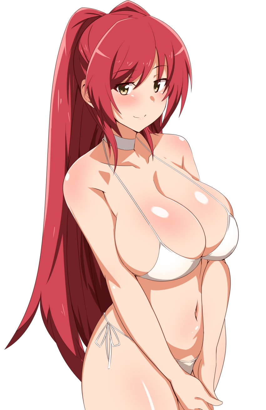 1girl bare_shoulders bikini breasts brown_eyes choker cleavage closed_mouth commentary_request highres kousaka_tamaki large_breasts long_hair looking_at_viewer navel red_hair seihekiog side-tie_bikini_bottom smile solo standing swimsuit thighs to_heart_(series) to_heart_2 very_long_hair white_bikini