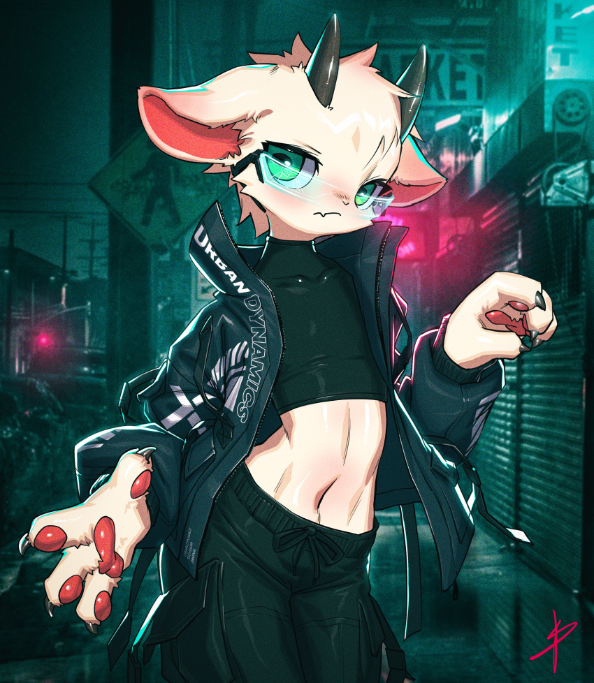 2023 absurd_res anthro blaedic blush bovid brand_name caprine car claws clothed clothing crop_top detailed_background english_text front_view frown fully_clothed fur garage_door girly glistening glistening_horn goat grainy green_eyes grey_claws hi_res horizontal_pupils horn jacket legs_together lex_(bcdisnothexa) looking_at_viewer male male_anthro mammal midriff mixed_media navel night open_clothing open_jacket open_topwear outside pawpads photo_background photography_(artwork) pink_pawpads portrait power_lines pupils shirt solo standing street_sign text three-quarter_portrait topwear traffic_light utility_pole vehicle visor white_body white_fur