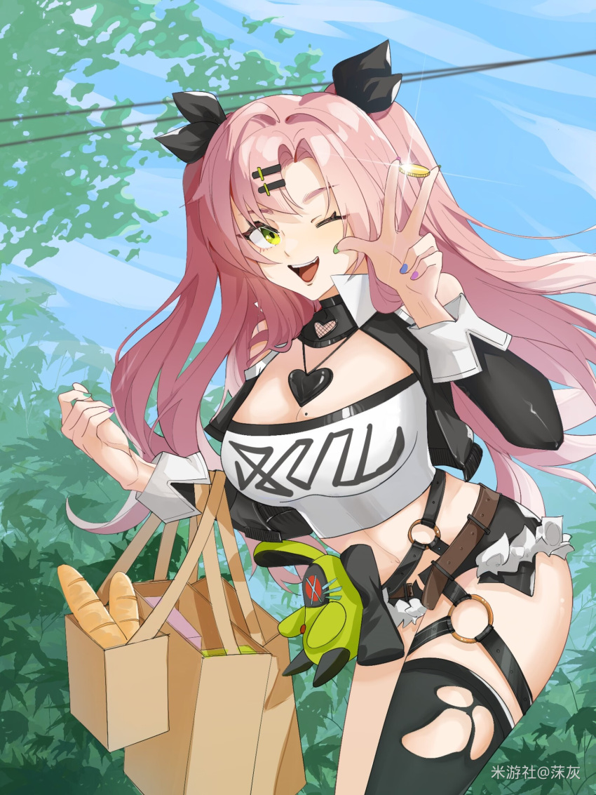 1girl ;d aqua_nails bag baguette bare_shoulders black_jacket black_ribbon black_shorts black_thighhighs blue_nails blue_sky bread breasts cleavage commentary_request crop_top cropped_jacket day food hair_ornament hair_ribbon hairclip hands_up highres jacket large_breasts long_hair long_sleeves looking_at_viewer micro_shorts midriff mole mole_on_breast muhui nail_polish navel one_eye_closed open_mouth outdoors pink_hair purple_nails ribbon shopping_bag shorts single_thighhigh sky smile solo stomach strapless thighhighs thighs tube_top two_side_up very_long_hair yellow_eyes zenless_zone_zero