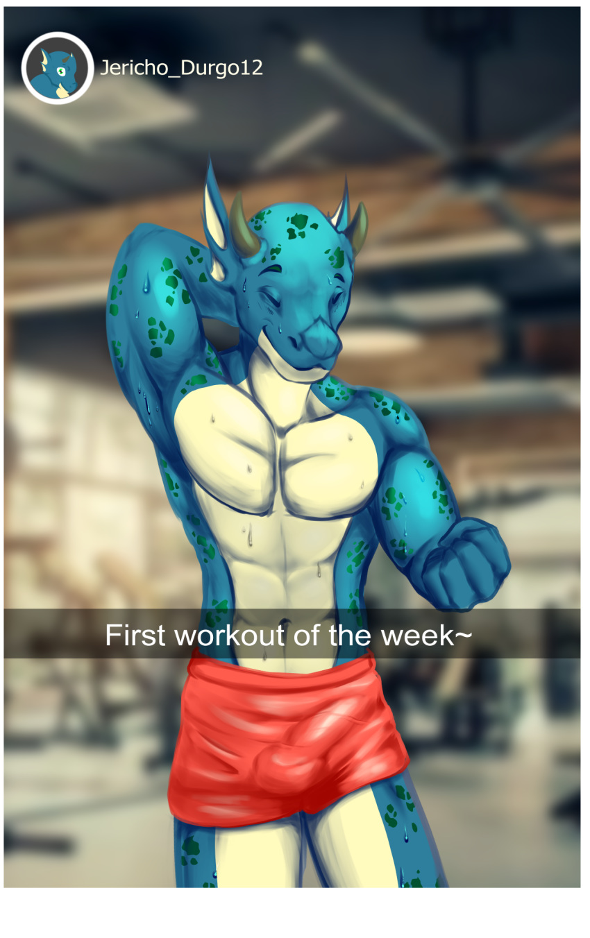 anthro big_bulge blush blush_lines bodily_fluids bottomwear bulge clothing dragon hi_res horn hotpants male markings muscular muscular_male mythological_creature mythological_scalie mythology scale_markings scales scalie shorts smile solo sweat thatdamngoat