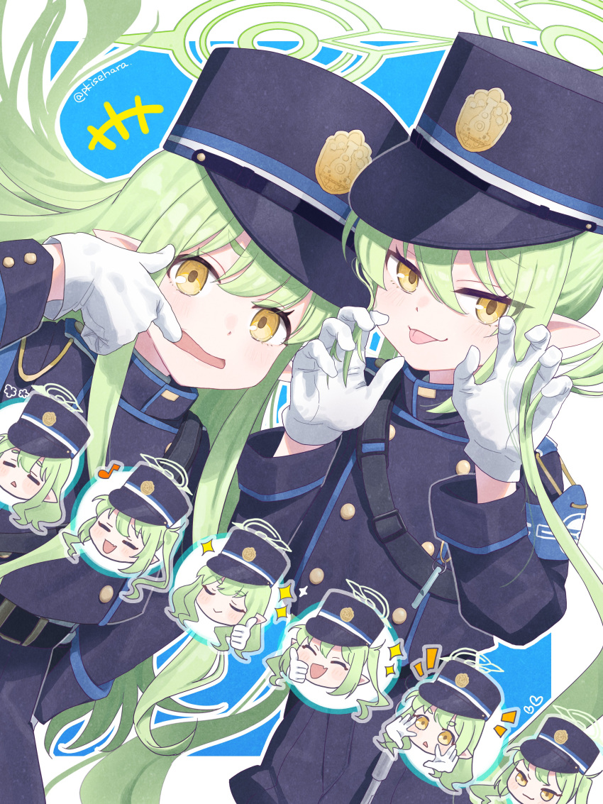 2girls :p absurdres armband belt blue_archive blue_armband chibi chibi_inset claw_pose gloves green_hair green_halo halo hand_in_own_hair hat highres hikari_(blue_archive) light_blush looking_at_viewer military_uniform mouth_pull multiple_girls musical_note nozomi_(blue_archive) outside_border pjkuasu pointy_ears police_badge police_hat short_eyebrows sparkle tongue tongue_out uniform watermark white_gloves yellow_eyes