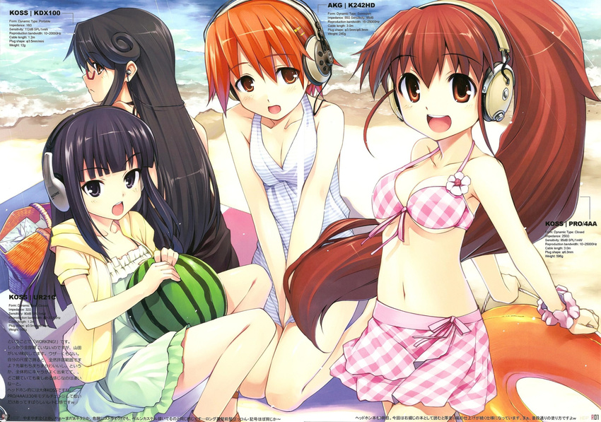 :d akg alternate_costume beach between_thighs bikini bikini_skirt black_eyes black_hair brown_eyes brown_hair casual day earphones food fruit glasses headphones highres hiiro_yuki holding holding_food holding_fruit inami_mahiru innertube jpeg_artifacts koss long_hair matsumoto_maya multiple_girls open_mouth orange_hair picnic_basket ponytail product_placement short_hair smile swimsuit taneshima_popura v_arms very_long_hair watermelon working!! yamada_aoi