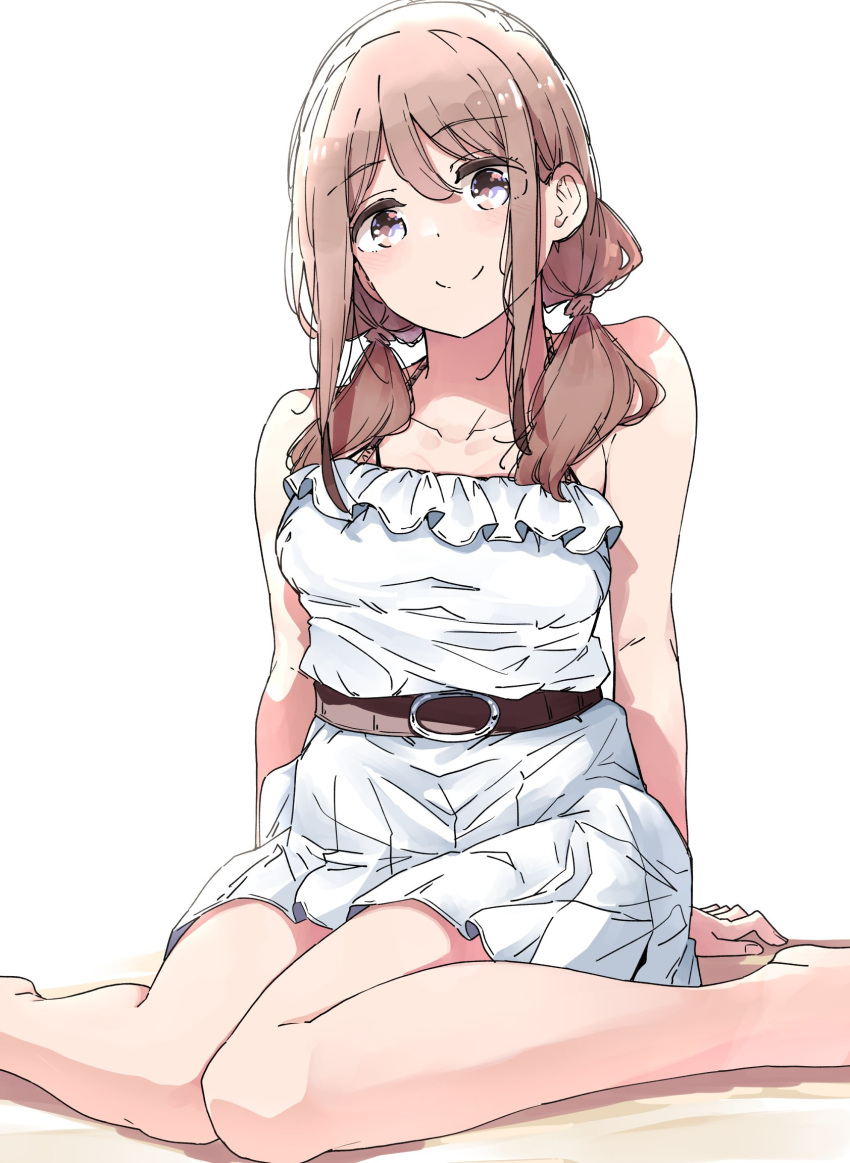 1girl arm_support barefoot belt blush breasts brown_eyes brown_hair casual collarbone commentary_request dress harukana_receive highres low_twintails nyoijizai oozora_haruka_(harukana_receive) short_dress simple_background sitting smile solo twintails wariza white_background white_dress