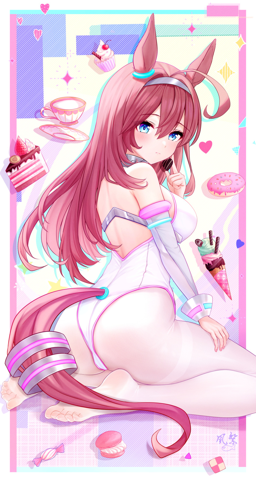 absurdres ahoge animal_ears bare_shoulders blue_eyes breasts brown_hair cake commentary_request cup detached_sleeves ear_ornament feet food hair_between_eyes hair_ornament hairclip heart highres horse_ears horse_girl horse_tail ice_cream ice_cream_cone kazamatsuri_honatsu large_breasts leotard long_hair long_sleeves looking_at_viewer macaron mihono_bourbon_(umamusume) pantyhose silver_hairband sitting soles tail teacup toes umamusume very_long_hair wariza white_leotard white_pantyhose