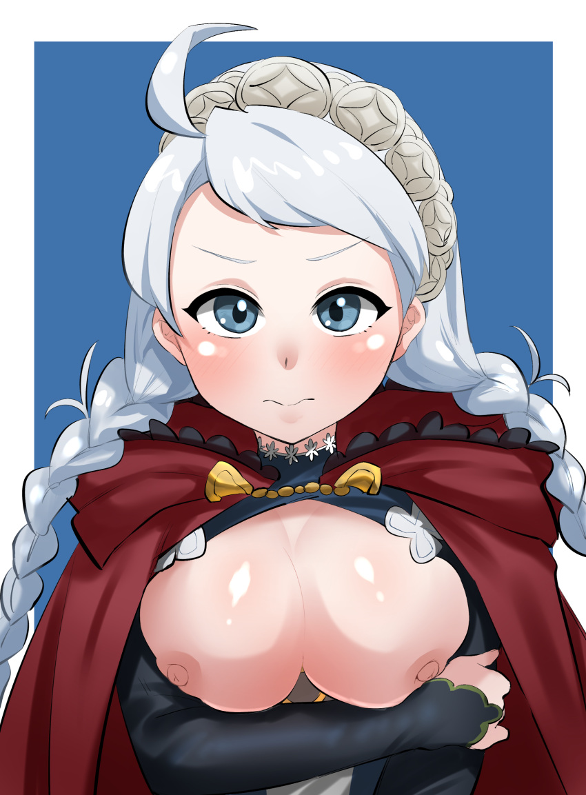 1girl ahoge black_bridal_gauntlets blue_eyes blush braid breasts bridal_gauntlets capelet closed_mouth commission commissioner_upload fire_emblem fire_emblem_fates hairband highres hood hood_down hooded_capelet kouji_(kozi_master) looking_at_viewer low_twin_braids low_twintails medium_breasts nina_(fire_emblem) nipples non-web_source parted_bangs red_capelet red_hood skeb_commission textless_version twin_braids twintails white_hair white_hairband