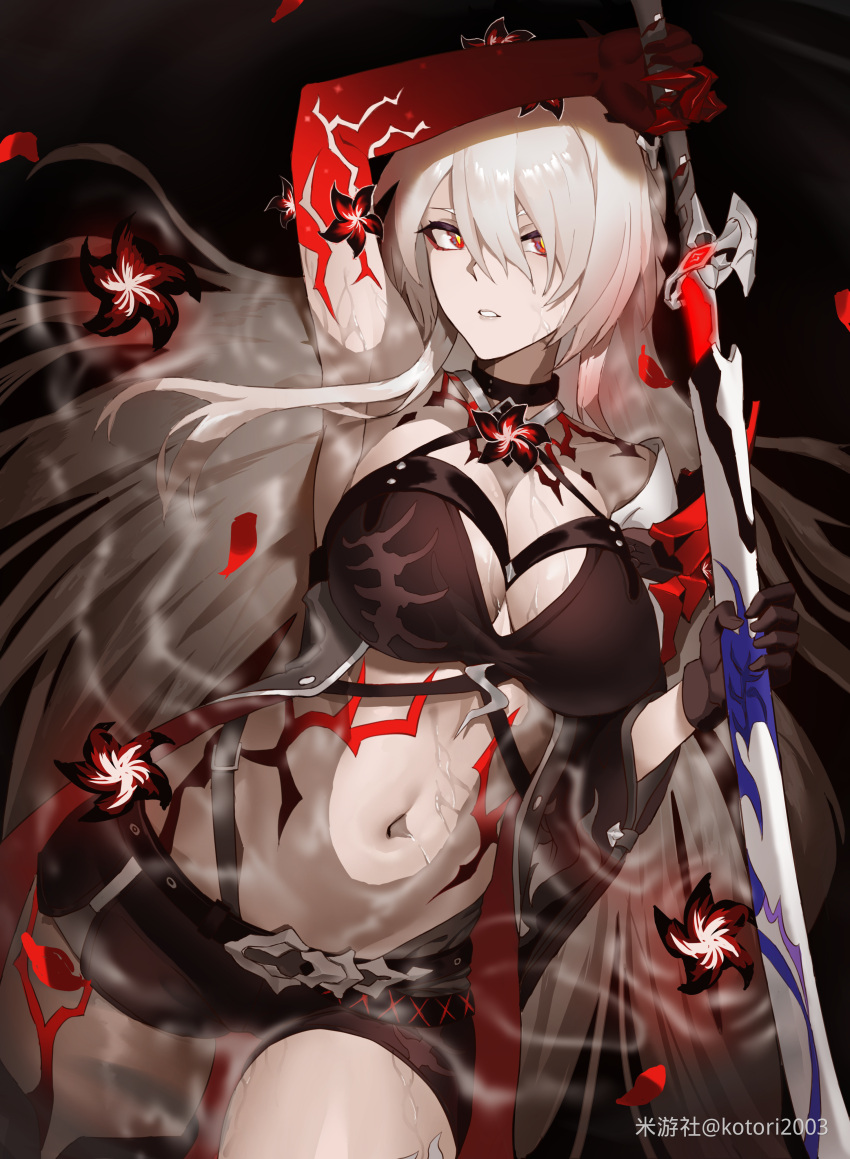 1girl absurdres acheron_(honkai:_star_rail) arm_up armpits black_background black_shorts breasts cleavage commentary_request cowboy_shot crop_top grey_hair highres holding holding_sword holding_weapon honkai:_star_rail honkai_(series) katana kotori2003 large_breasts looking_at_viewer midriff navel official_alternate_color parted_lips red_eyes scabbard sheath short_shorts shorts solo standing stomach sword unsheathing weapon