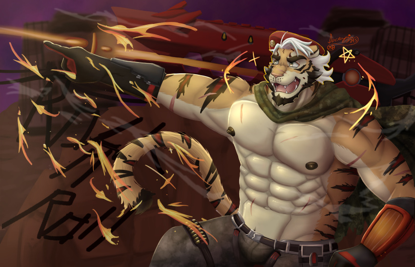 anthro camo camo_clothing camo_print clothing duckaphion felid feline fire fur gun hi_res lifewonders male mammal nipples orange_body orange_fur pantherine pattern_clothing pecs ranged_weapon scar smoke solo stripes tiger tokyo_afterschool_summoners weapon willie_wildcat_(tas)