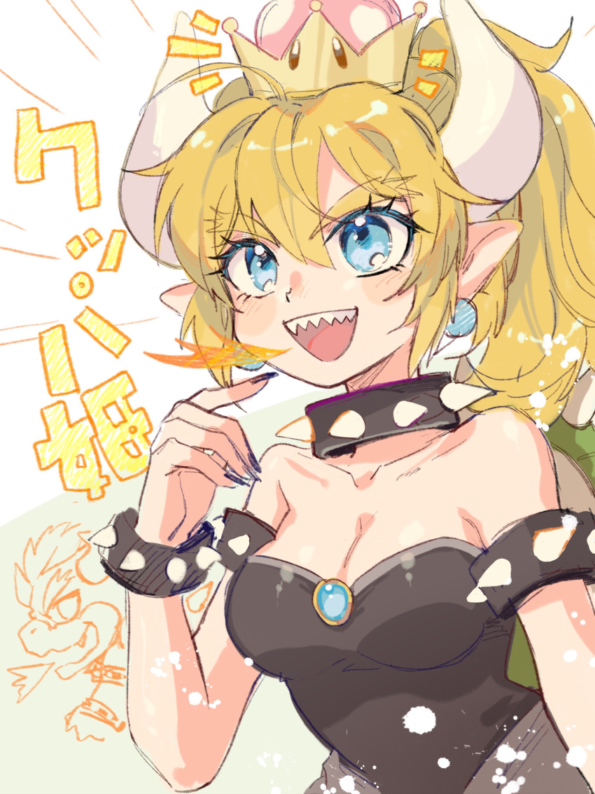 1girl :d absurdres ahoge armlet bare_shoulders black_coat black_dress black_nails blonde_hair blue_eyes bowser bowsette bracelet breasts breath_weapon breathing_fire cleavage coat collar collarbone crown dress earrings fingernails fire hand_up highres horns jewelry kuroyishi_raiko looking_ahead mario_(series) medium_hair notice_lines pointy_ears ponytail sharp_fingernails sharp_teeth simple_background smile solo spiked_armlet spiked_bracelet spiked_collar spikes strapless strapless_dress teeth thick_eyebrows upper_body white_background