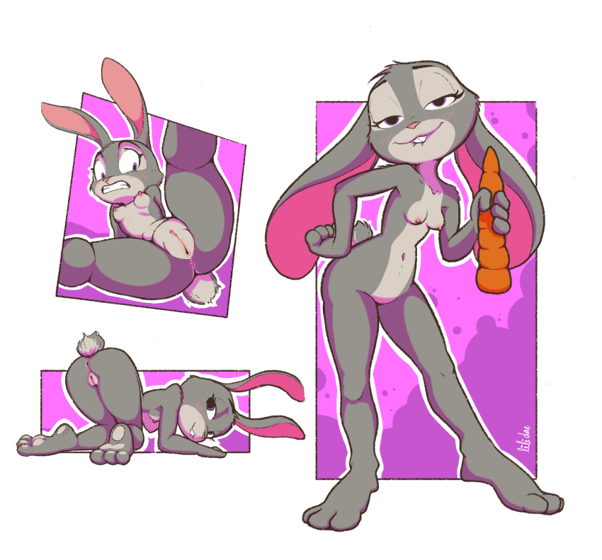 anthro anus bent_over bite biting_lip breasts buckteeth carrot disney female food genitals hi_res judy_hopps lagomorph leporid lilidae mammal nude plant pussy rabbit simple_background small_breasts solo spread_legs spreading teeth vegetable zootopia