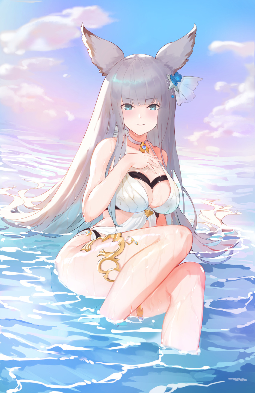 1girl animal_ears bikini blue_eyes blush breasts choker cleavage closed_mouth collarbone feet_out_of_frame fishofthelakes granblue_fantasy grey_hair hair_ornament halterneck hand_on_own_chest highres korwa korwa_(summer)_(granblue_fantasy) long_hair looking_at_viewer partially_submerged shallow_water sitting smile solo swimsuit thighlet thighs very_long_hair water wet white_bikini white_choker