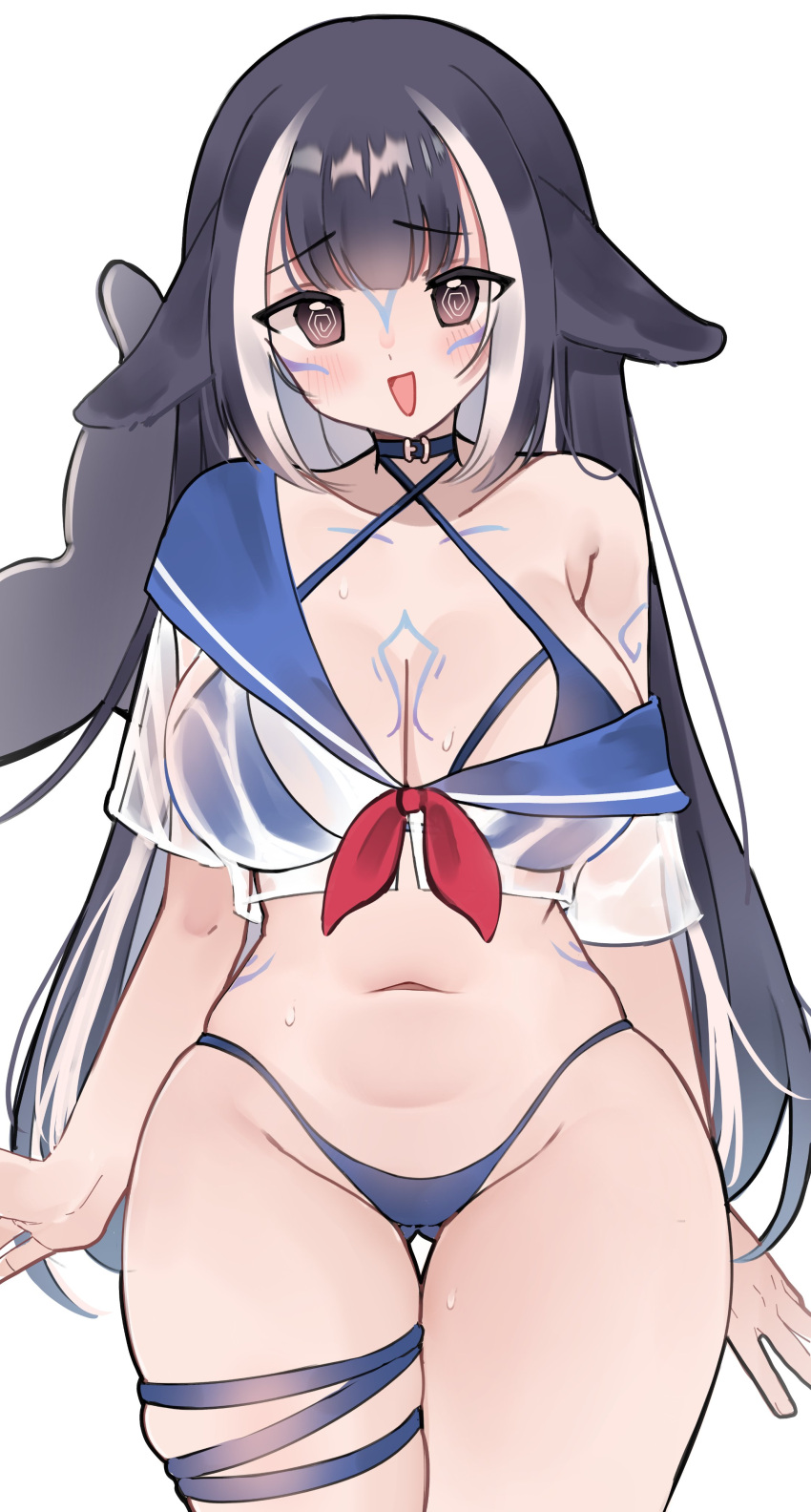 1girl @_@ absurdres animal_ears arms_at_sides ass_visible_through_thighs bikini bikini_under_clothes black_hair blue_bikini blue_collar blue_sailor_collar blush breast_tattoo breasts brown_eyes cetacean_tail cleavage collar commentary cowboy_shot criss-cross_halter embarrassed fins fish_tail groin halterneck highleg highleg_bikini highres indie_virtual_youtuber long_hair looking_at_viewer meiwowowo multicolored_hair neckerchief open_mouth orca_girl red_neckerchief sailor_collar see-through see-through_shirt shirt shoulder_tattoo shylily shylily_(1st_costume) simple_background skindentation solo streaked_hair swimsuit tail tattoo thick_thighs thigh_gap thigh_strap thighs virtual_youtuber wet wet_clothes wet_shirt white_background white_hair white_shirt