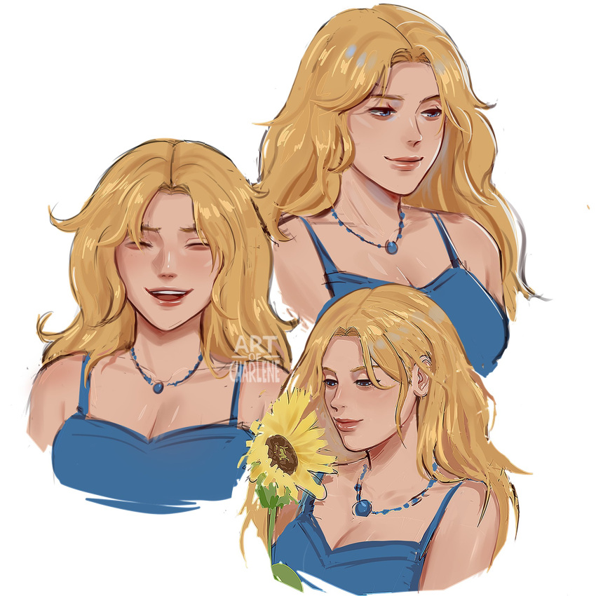 1girl artofcharlene blonde_hair blue_camisole blue_eyes breasts camisole cleavage closed_eyes flower haley_(stardew_valley) highres holding holding_flower jewelry laughing long_hair multiple_views necklace smile stardew_valley sunflower teeth upper_teeth_only white_background