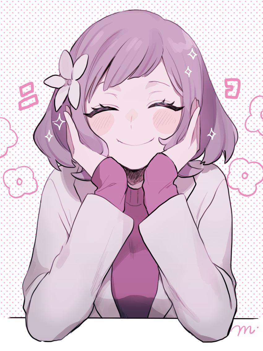 1girl blush_stickers closed_eyes elbow_rest facing_viewer flower hair_flower hair_ornament halftone halftone_background highres jacket layered_sleeves maco22 medium_hair original purple_hair sleeves_past_wrists smile solo sparkle