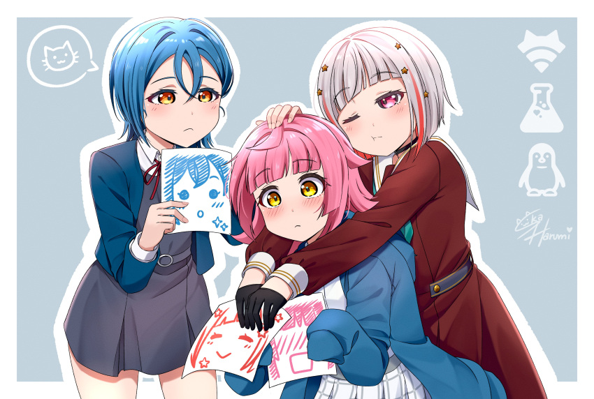 3girls :&gt; :o ;t absurdres ahoge aqua_neckerchief arms_around_neck artist_name black_choker black_gloves blazer blue_hair blue_jacket blunt_bangs blunt_ends blush bob_cut border brown_dress cat choker closed_mouth collared_shirt colored_inner_hair diagonal_bangs drawing_(object) dress dress_shirt frown gloves grey_background grey_dress grey_hair grey_skirt hair_between_eyes hair_ornament half_gloves hand_on_another's_head hasu_no_sora_school_uniform highres holding_drawing hood hooded_jacket inverted_bob jacket leaning_forward leaning_on_person light_frown link!_like!_love_live! long_sleeves looking_at_another love_live! love_live!_nijigasaki_high_school_idol_club love_live!_superstar!! medium_hair multicolored_hair multiple_girls neck_ribbon neckerchief nijigasaki_academy_school_uniform o-ring o-ring_choker open_clothes open_jacket outline outside_border pink_hair plaid plaid_skirt pleated_dress pleated_skirt red_eyes red_hair red_ribbon ribbon rina-chan_board sailor_collar sailor_dress school_uniform shirt short_dress short_hair signature ska.harumi skirt sleeves_past_fingers sleeves_past_wrists spoken_animal star_(symbol) star_hair_ornament streaked_hair tennoji_rina trait_connection wakana_shiki white_border white_outline white_sailor_collar white_shirt white_skirt winter_uniform yellow_eyes yugiri_tsuzuri yuigaoka_school_uniform