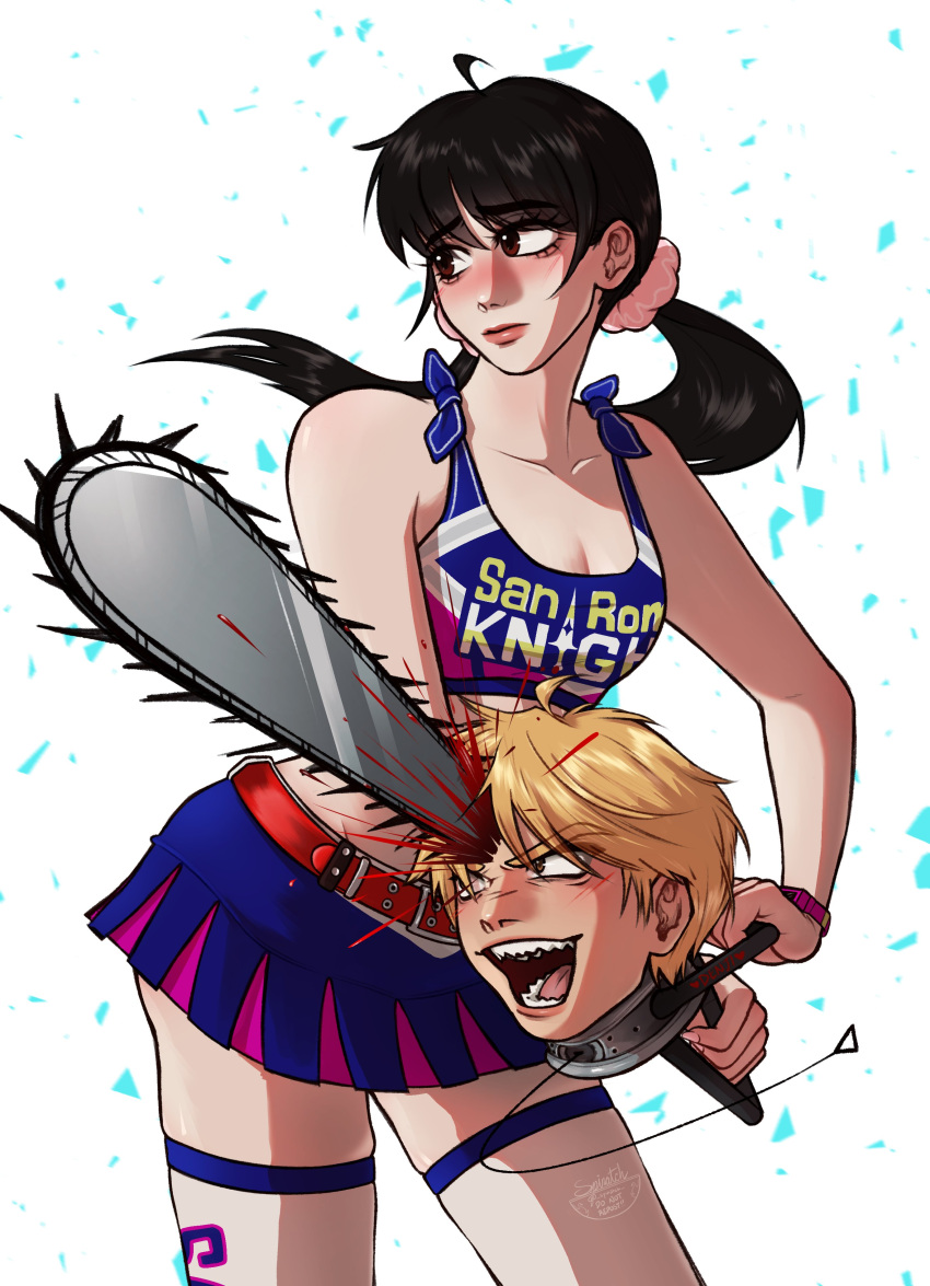 1boy 1girl absurdres bare_shoulders belt black_hair brown_eyes chainsaw chainsaw_man cheerleader cosplay crop_top cropped_legs denji_(chainsaw_man) excited highres holding holding_chainsaw juliet_starling juliet_starling_(cosplay) lollipop_chainsaw low_twintails miniskirt mitaka_asa nervous nick_carlyle nick_carlyle_(cosplay) pleated_skirt red_belt severed_head simple_background skirt spinatch standing thighhighs twintails watch wristwatch