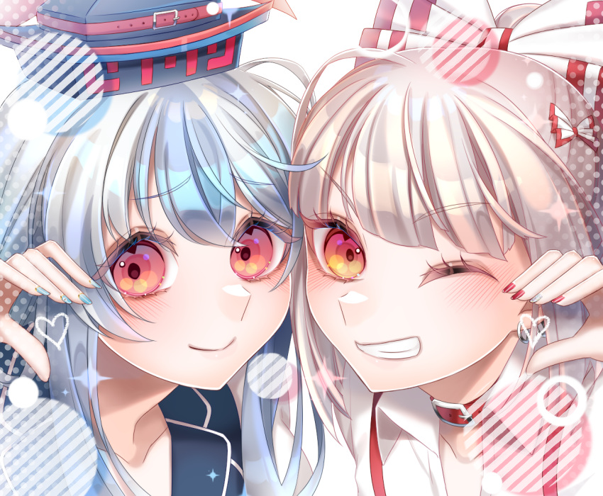 2girls belt_collar blue_hair blue_hat blue_nails bow cheek-to-cheek closed_mouth collar collared_shirt commentary_request earrings fujiwara_no_mokou grey_hair grin heads_together heart heart_hands heart_hands_duo jewelry kamishirasawa_keine kurumi407 long_hair looking_at_viewer multiple_girls nail_polish one_eye_closed portrait red_bow red_collar red_eyes red_nails shirt smile suspenders touhou two-tone_bow white_bow white_shirt