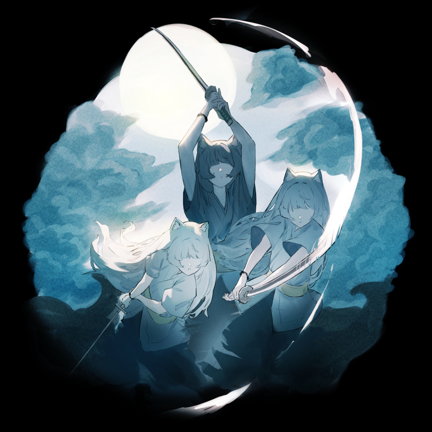 1girl animal_ears arms_up black_background black_border border bracelet cloud cowlick fishofthelakes floating_hair full_moon hair_intakes highres holding holding_sword holding_weapon japanese_clothes jewelry katana long_hair moon night night_sky no_eyes original round_image sash short_sleeves sky slashing sword weapon yellow_sash