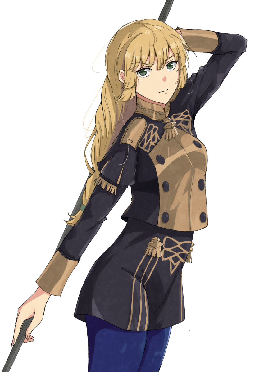 1girl blonde_hair blue_pantyhose braid buttons closed_mouth commentary_request fingernails fire_emblem fire_emblem:_three_houses garreg_mach_monastery_uniform green_eyes highres holding holding_polearm holding_weapon ingrid_brandl_galatea long_hair long_sleeves looking_at_viewer pantyhose polearm simple_background smile solo spear vankin very_long_hair weapon white_background