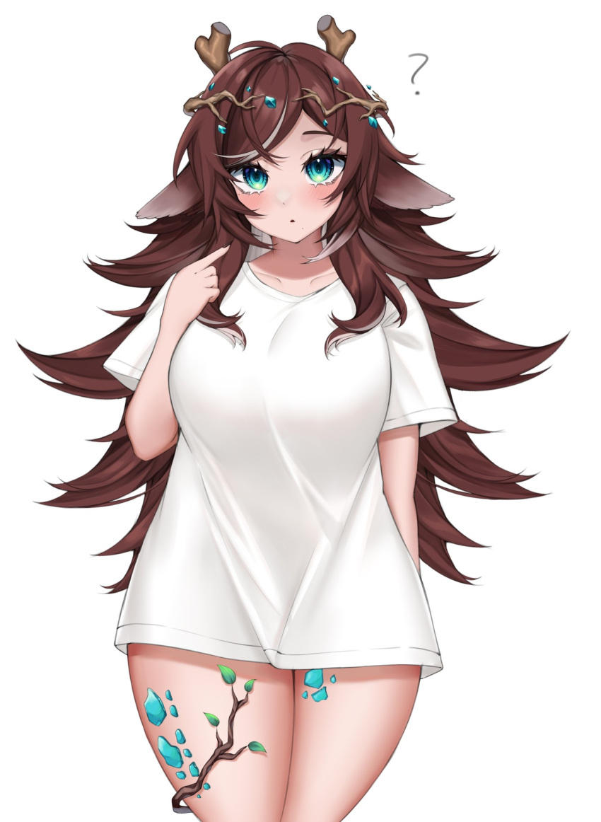 1girl ? animal_ears black_nails blue_eyes breasts brown_hair collarbone dragon_girl dragon_horns eyelashes gem_hair_ornament hair_ornament highres horns indie_virtual_youtuber leaf long_hair natch_imaycz no_pants scales second-party_source shirt solo sugi_aoki virtual_youtuber white_shirt