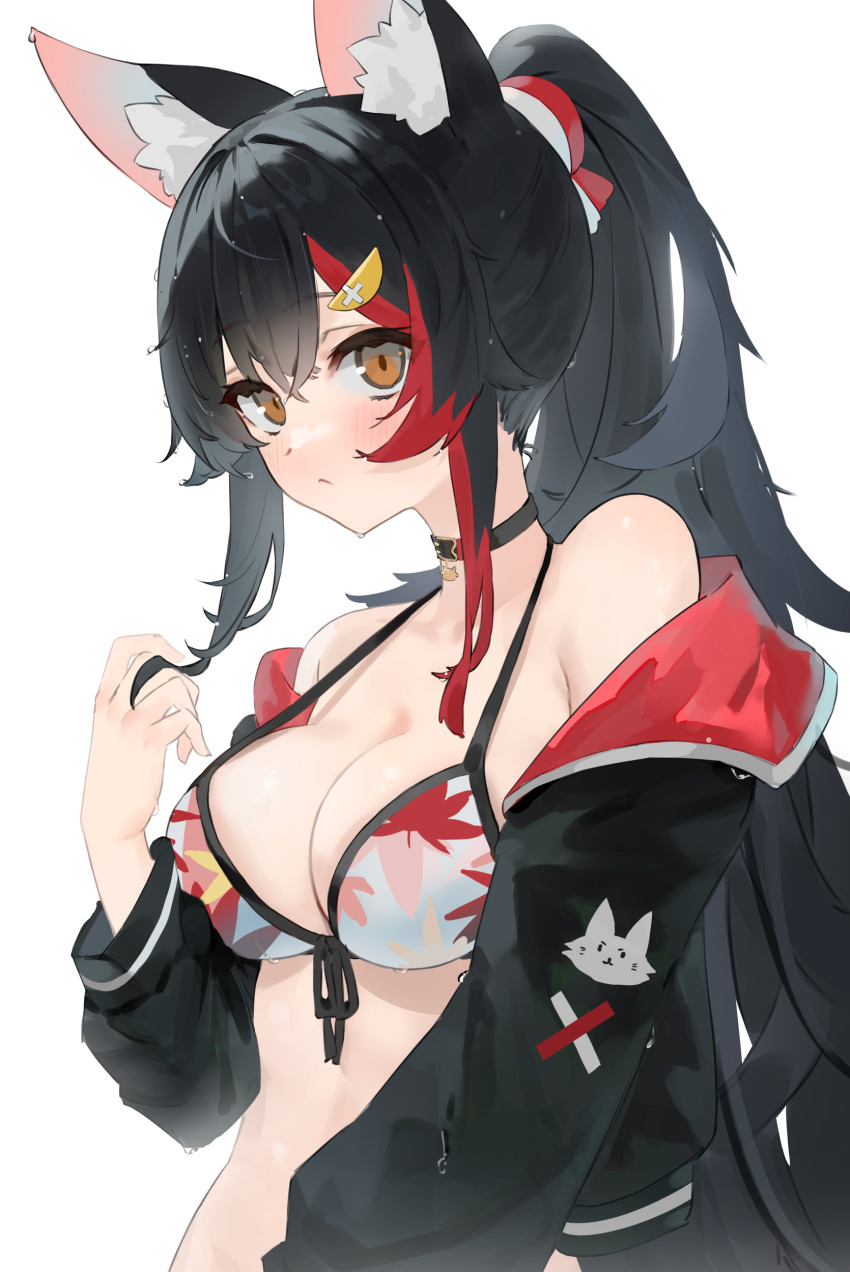 1girl :&lt; absurdres animal_ear_fluff animal_ears bikini black_choker black_hair black_jacket blush breasts brown_eyes choker cleavage crossed_bangs fishofthelakes hair_between_eyes hair_ornament hand_up highres hololive jacket long_hair long_sleeves looking_at_viewer off_shoulder ookami_mio playing_with_own_hair ponytail simple_background solo stomach swimsuit upper_body virtual_youtuber wet wet_clothes wet_hair white_background wolf_ears