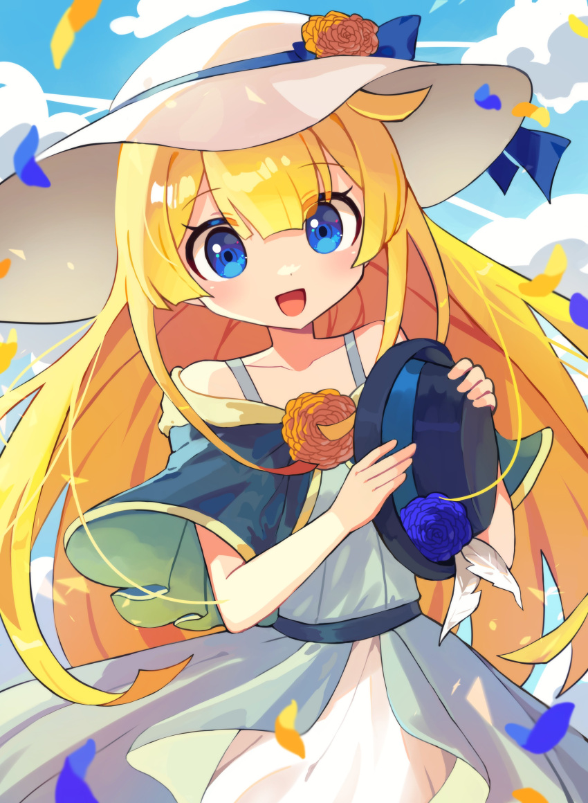 1girl absurdres alternate_costume black_hat blonde_hair blue_eyes blush collarbone hat highres holding holding_clothes holding_hat long_hair looking_at_viewer offbeat open_mouth puyopuyo smile solo sun_hat white_hat witch_(puyopuyo)