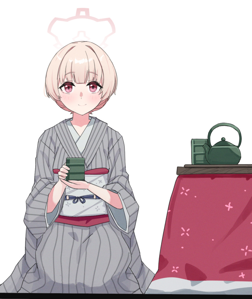 1girl bag_(chrko_bag) blonde_hair blue_archive blush cup grey_kimono grey_sash halo highres holding holding_cup japanese_clothes kimono kotatsu long_sleeves looking_at_viewer nodoka_(blue_archive) nodoka_(hot_spring)_(blue_archive) obi obiage obijime official_alternate_costume purple_sash red_eyes red_halo sash seiza short_hair simple_background sitting smile solo table teapot white_background