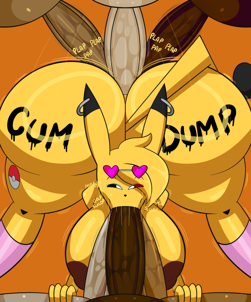 absurd_res anthro big_breasts big_butt big_penis breasts butt clothing cum_dumpster ear_piercing english_text fellatio female generation_1_pokemon genitals group hi_res huge_butt huge_penis la_sandia_(artist) legwear male male/female multiple_penetration nintendo oral penile penis piercing pikachu pokemon pokemon_(species) rai_(nikuzi) sex stockings text thick_thighs yellow_body