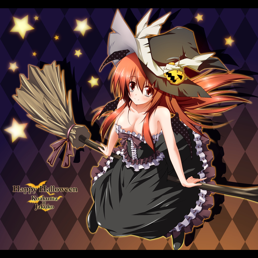 alternate_costume argyle argyle_background bare_shoulders bat_wings breasts broom broom_riding cleavage corset dress frilled_dress frills halloween hat head_wings highres jack-o'-lantern koakuma long_hair medium_breasts midoriiro_no_shinzou pumpkin red_eyes red_hair scythe sidesaddle smile solo touhou wings witch witch_hat