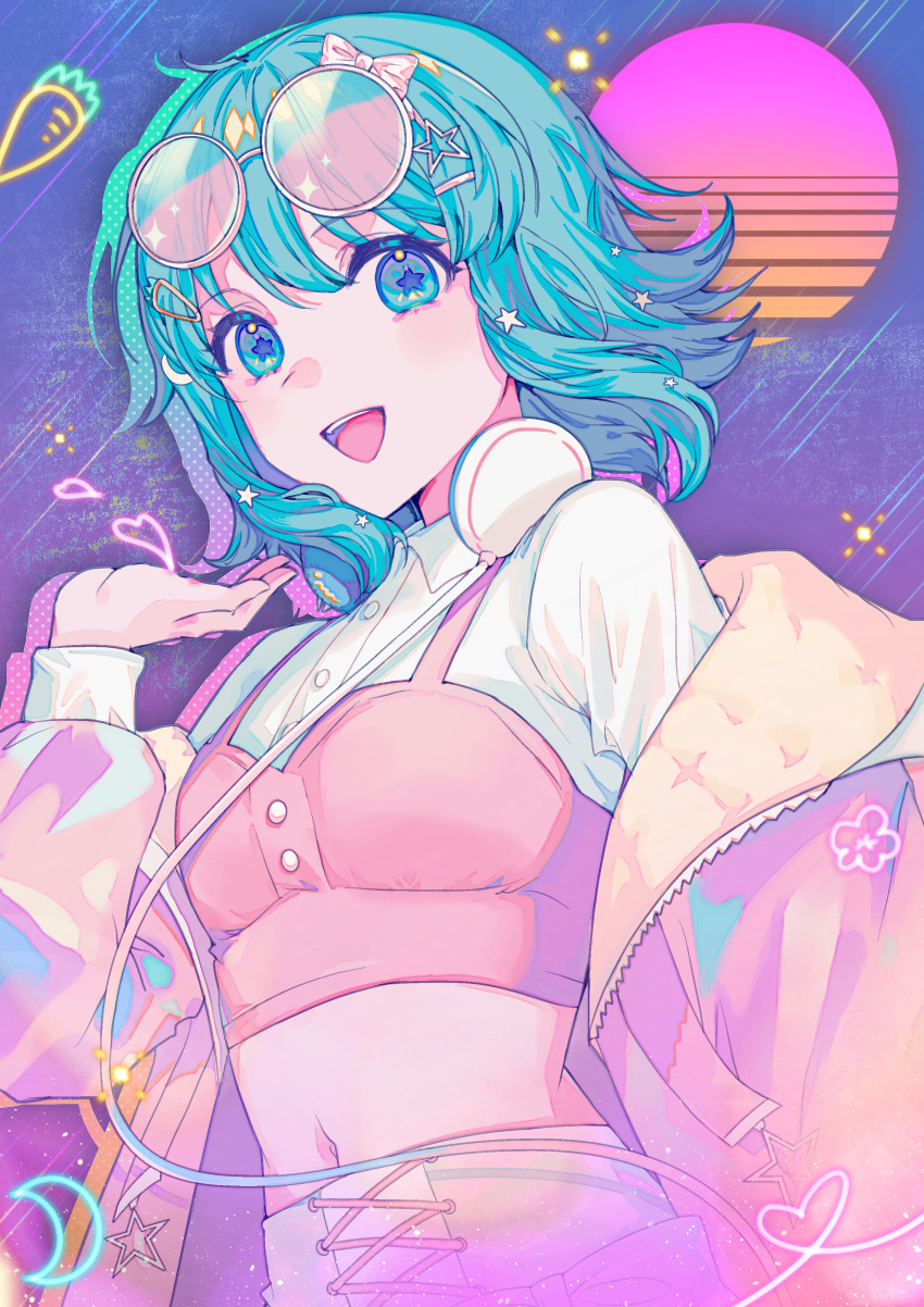 1girl absurdres ahoge aqua_eyes aqua_hair arm_at_side blue_background bow breasts buttons collared_shirt cross-laced_clothes cross-laced_shorts eyewear_on_head glasses gradient_background gumi hair_ornament hairclip halftone hand_up headphones headphones_around_neck highres jacket jacket_partially_removed long_sleeves looking_at_viewer medium_hair midriff navel open_clothes open_jacket open_mouth pink_bow pink_jacket purple_background round_eyewear shirt shorts small_breasts smile solo star-shaped_pupils star_(symbol) star_hair_ornament sunoom09 symbol-shaped_pupils teeth upper_body upper_teeth_only vaporwave vocaloid white_headphones white_shirt white_shorts