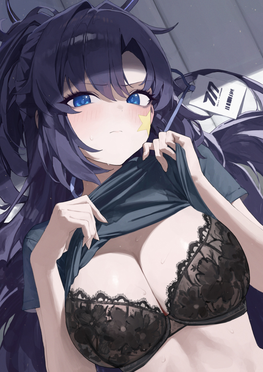 1girl black_bra black_halo black_shirt blue_archive blue_eyes blue_hair blush bra breasts cleavage closed_mouth clothes_lift commentary_request from_above gym_shirt hair_intakes halo highres id_card ki-16 lace-trimmed_bra lace_trim large_breasts lifted_by_self long_hair looking_at_viewer lying mechanical_halo official_alternate_costume official_alternate_hairstyle on_back parted_bangs purple_hair shirt shirt_hold shirt_lift short_sleeves solo star_sticker sticker_on_face sweat underwear upper_body very_long_hair yuuka_(blue_archive) yuuka_(track)_(blue_archive)