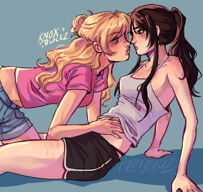 2girls absurdres black_eyes black_hair blonde_hair blush camisole class_of_09 collared_shirt denim denim_shorts from_side hand_on_another's_stomach highres imminent_kiss jecka_(class_of_09) knoxblockz midriff multiple_girls nicole_(class_of_09) pink_shirt ponytail self-harm_scar shirt shorts white_camisole yuri