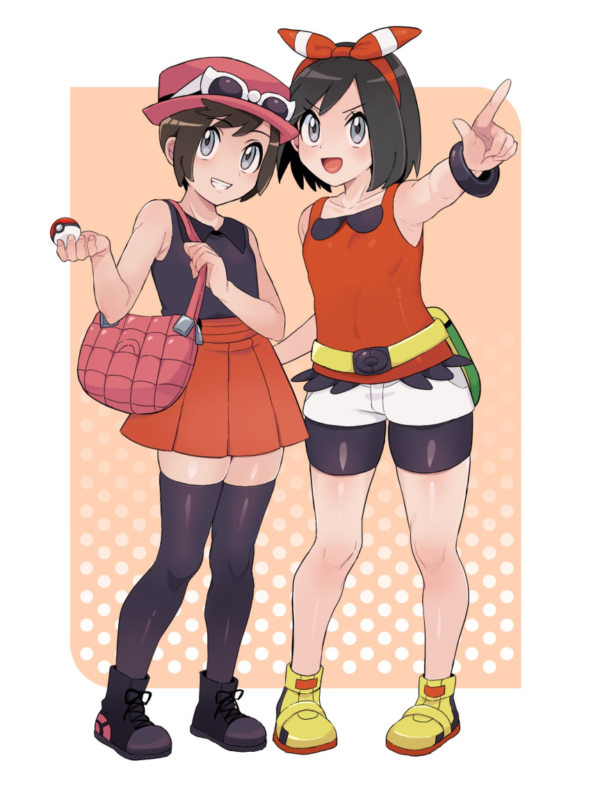 2boys bag bike_shorts black_hair bow_hairband bracelet brendan_(pokemon) brown_hair calem_(pokemon) commentary_request cosplay crossdressing fanny_pack grey_eyes grin hairband handbag hat highres holding holding_poke_ball holding_strap jewelry male_focus may_(pokemon) may_(pokemon)_(cosplay) multiple_boys pink_bag pink_hat pleated_skirt pointing poke_ball poke_ball_(basic) pokemon pokemon_oras pokemon_xy red_hairband sana_(37pisana) serena_(pokemon) serena_(pokemon)_(cosplay) shirt shoes short_hair short_shorts shorts skirt sleeveless sleeveless_shirt smile standing sunglasses teeth thighhighs white-framed_eyewear white_shorts yellow_footwear