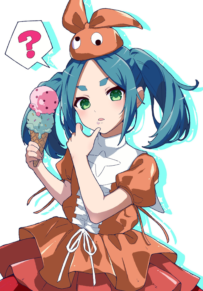 1girl ? absurdres aqua_hair breasts commentary cowboy_shot double_scoop dress drop_shadow food food_on_face frilled_dress frills googly_eyes green_eyes hands_up highres hikimayu holding holding_food holding_ice_cream holding_ice_cream_cone ice_cream ice_cream_cone long_hair looking_at_viewer monogatari_(series) niikura_hisui ononoki_yotsugi orange_dress orange_hat parted_bangs short_eyebrows sidelocks simple_background small_breasts solo spoken_question_mark star_(symbol) thick_eyebrows twintails two-tone_dress white_background white_dress