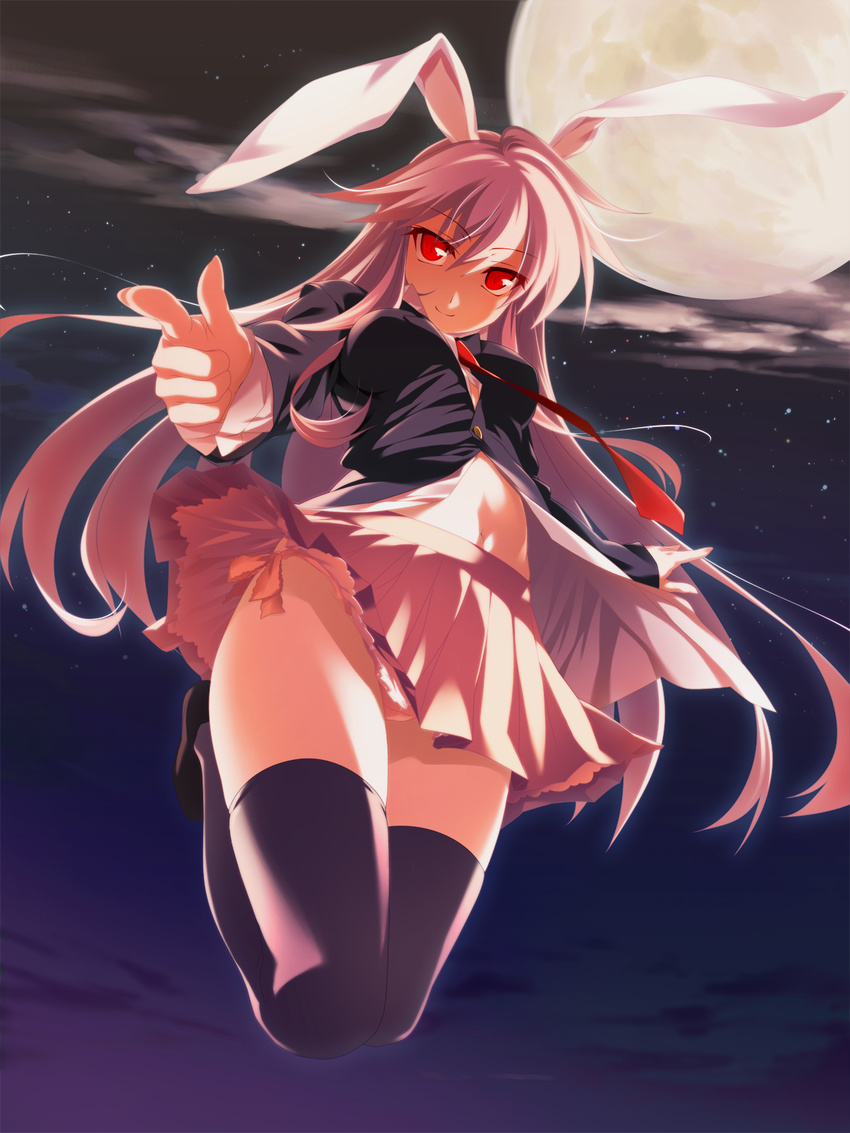 aiming_at_viewer animal_ears blazer blush bunny_ears finger_gun fingernails full_moon hands highres hinohoshi_ataru jacket jumping long_hair looking_at_viewer moon navel necktie night night_sky panties pantyshot petticoat pink_hair purple_hair red_eyes red_neckwear reisen_udongein_inaba skirt sky smile solo thighhighs thighs touhou underwear