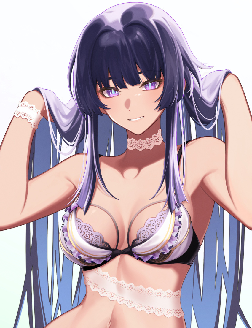 arms_up bare_shoulders blue_hair blue_pupils blush bra breasts hand_in_own_hair highres honkai_(series) honkai_impact_3rd lace looking_at_viewer medium_breasts midriff multicolored_hair navel parted_lips purple_eyes purple_hair raiden_mei raiden_mei_(herrscher_of_origin) smile streaked_hair underwear white_background yunomi_(yunomi_hs)