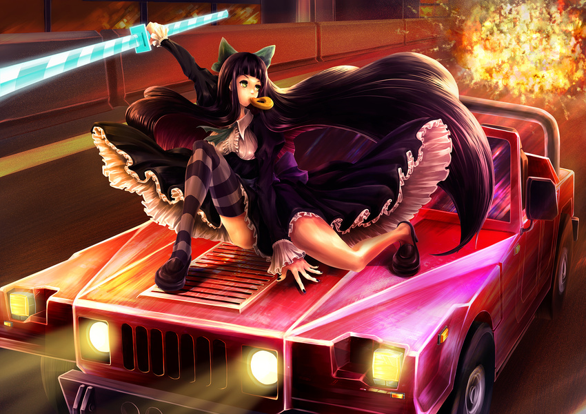 action bad_id bad_pixiv_id black_nails car doughnut dress explosion fire food ground_vehicle highres hummer long_sleeves looking_back minusion motor_vehicle mouth_hold nail_polish on_vehicle one_knee panty_&amp;_stocking_with_garterbelt see-through_(psg) solo stocking_(psg) sword thighhighs weapon