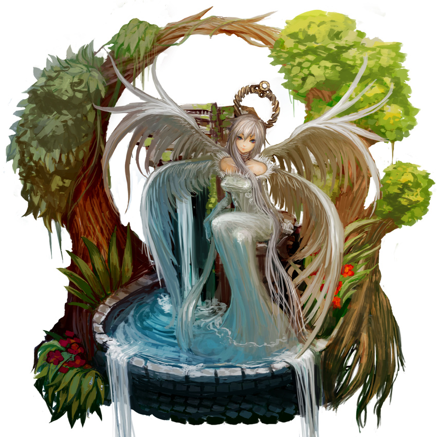 angel_wings bare_shoulders blue_eyes cherokee_(1021tonii) dress hair_ornament highres long_hair multiple_wings original plant pond sitting solo very_long_hair water waterfall white_dress white_hair wings