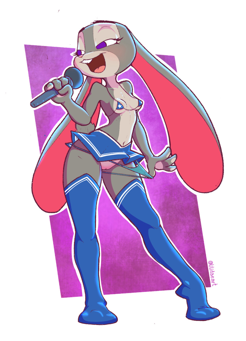 anthro bikini bottomwear breasts clothing clothing_aside disney electronics female hi_res judy_hopps lagomorph legwear leporid lilidae mammal micro_bikini microphone open_mouth panties panties_aside rabbit simple_background singing skirt small_breasts solo swimwear thigh_highs thong underwear underwear_aside zootopia