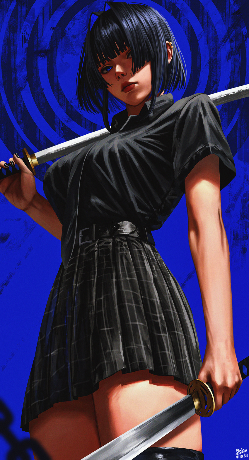 1girl absurdres alternate_costume artist_name belt black_belt black_hair black_nails black_necktie black_shirt black_skirt blue_background blue_eyes blue_hair breasts chain closed_mouth collared_shirt colored_inner_hair dated dual_wielding earclip fingernails hair_intakes highres holding holding_sword holding_weapon hololive hololive_english katana large_breasts lipstick long_fingernails looking_at_viewer looking_down makeup multicolored_hair nail_polish necktie ouro_kronii over_shoulder plaid plaid_skirt pleated_skirt red_lips shirt shirt_tucked_in short_sleeves skirt solo steb sword two-tone_hair weapon weapon_over_shoulder