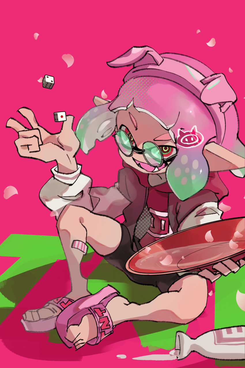 1girl :d absurdres alcohol animal_ears aqua_hair bike_shorts black_shorts cherry_blossoms cup dice fake_animal_ears falling_petals fangs flip-flops gradient_hair green_eyes hairband hand_up highres hooded_shirt inkling inkling_girl inkling_player_character jacket koike3582 long_sleeves multicolor-tinted_eyewear multicolored_clothes multicolored_eyes multicolored_hair multicolored_jacket open_clothes open_jacket open_mouth petals pig_ears pink_background pink_hair pink_hairband pointy_ears purple_hair red_eyes red_jacket red_shirt round_eyewear sakazuki sake sandals shirt short_hair shorts sitting smile solo splatoon_(series) suction_cups tentacle_hair tinted_eyewear two-tone_jacket white_jacket yellow_eyes