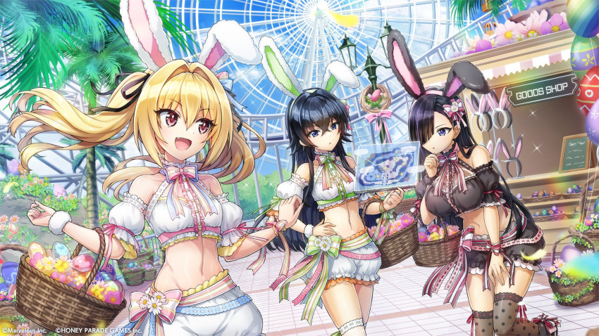 3girls animal_ears basket black_hair blonde_hair blue_eyes crossed_bangs detached_sleeves dolphin_wave easter easter_egg egg fake_animal_ears fang fang_out ferris_wheel hagane_otsuki hair_between_eyes hair_over_one_eye hair_ribbon hand_on_own_chin highres kazami_ellen kurose_minami long_hair multiple_girls navel official_art ootomo_takuji palm_tree puffy_detached_sleeves puffy_pants puffy_sleeves rabbit_ears red_eyes ribbon thighhighs tree twintails