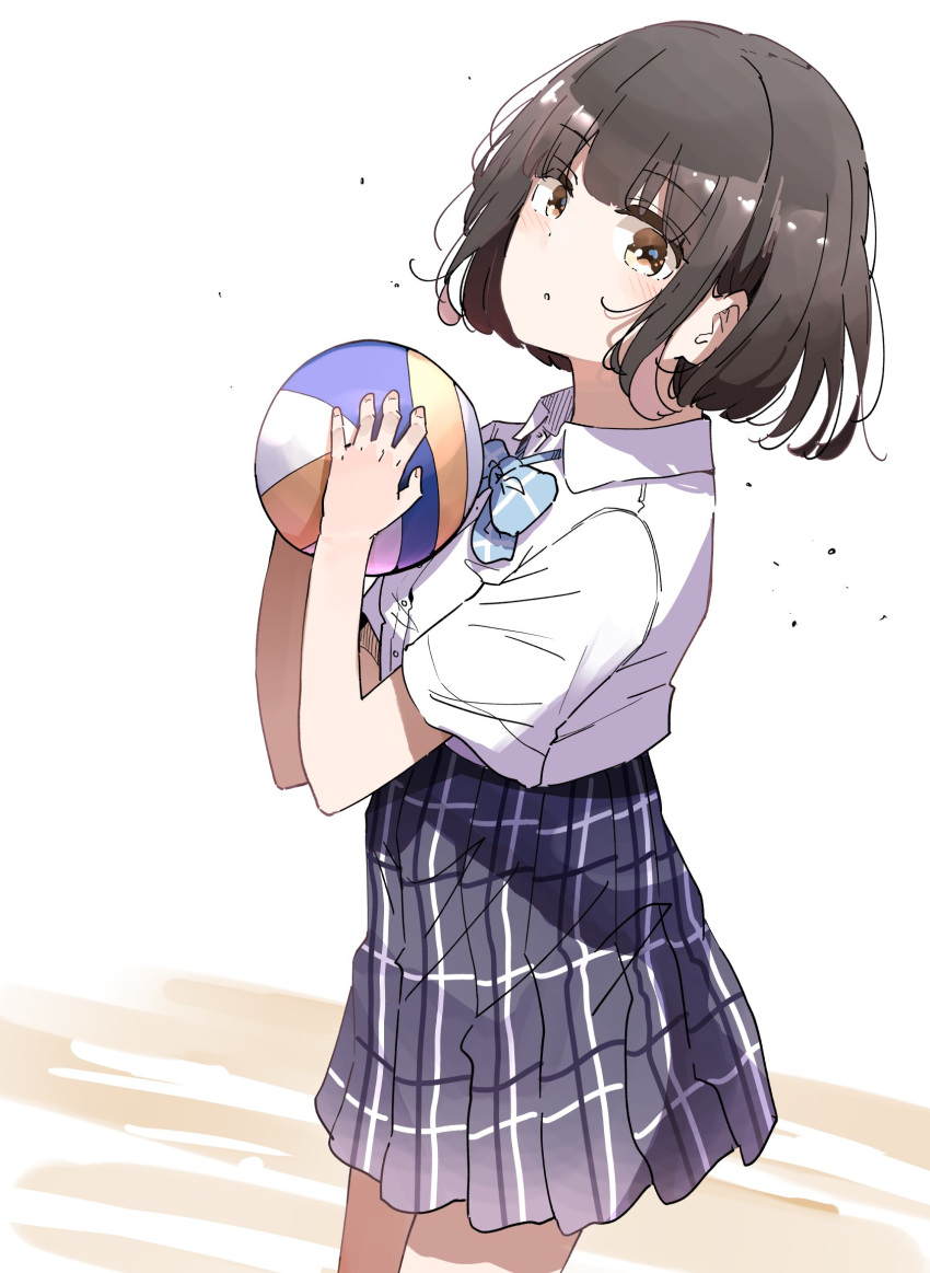 1girl :o ball black_hair bow bowtie brown_eyes collared_shirt cowboy_shot dress_shirt from_side harukana_receive higa_kanata highres holding holding_ball looking_at_viewer looking_to_the_side nyoijizai plaid plaid_skirt school_uniform shirt short_sleeves skirt solo volleyball_(object) white_shirt