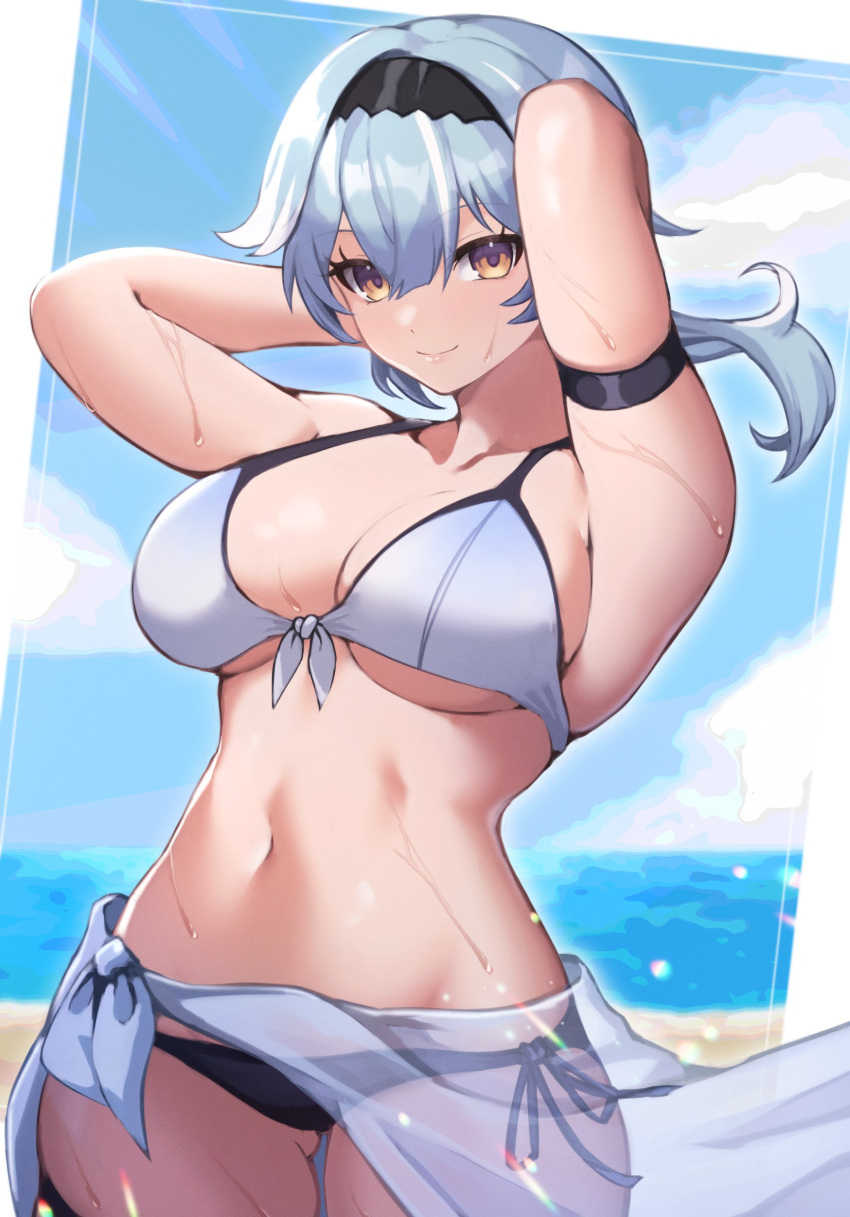 1girl absurdres arm_strap armpits arms_behind_head arms_up bare_shoulders beach bikini black_hairband blue_hair blue_sky brown_eyes commentary cowboy_shot day eula_(genshin_impact) genshin_impact hairband highres kirima_(user_danf8787) long_hair looking_at_viewer mismatched_bikini navel ocean outdoors sarong sky smile solo standing stomach swimsuit water