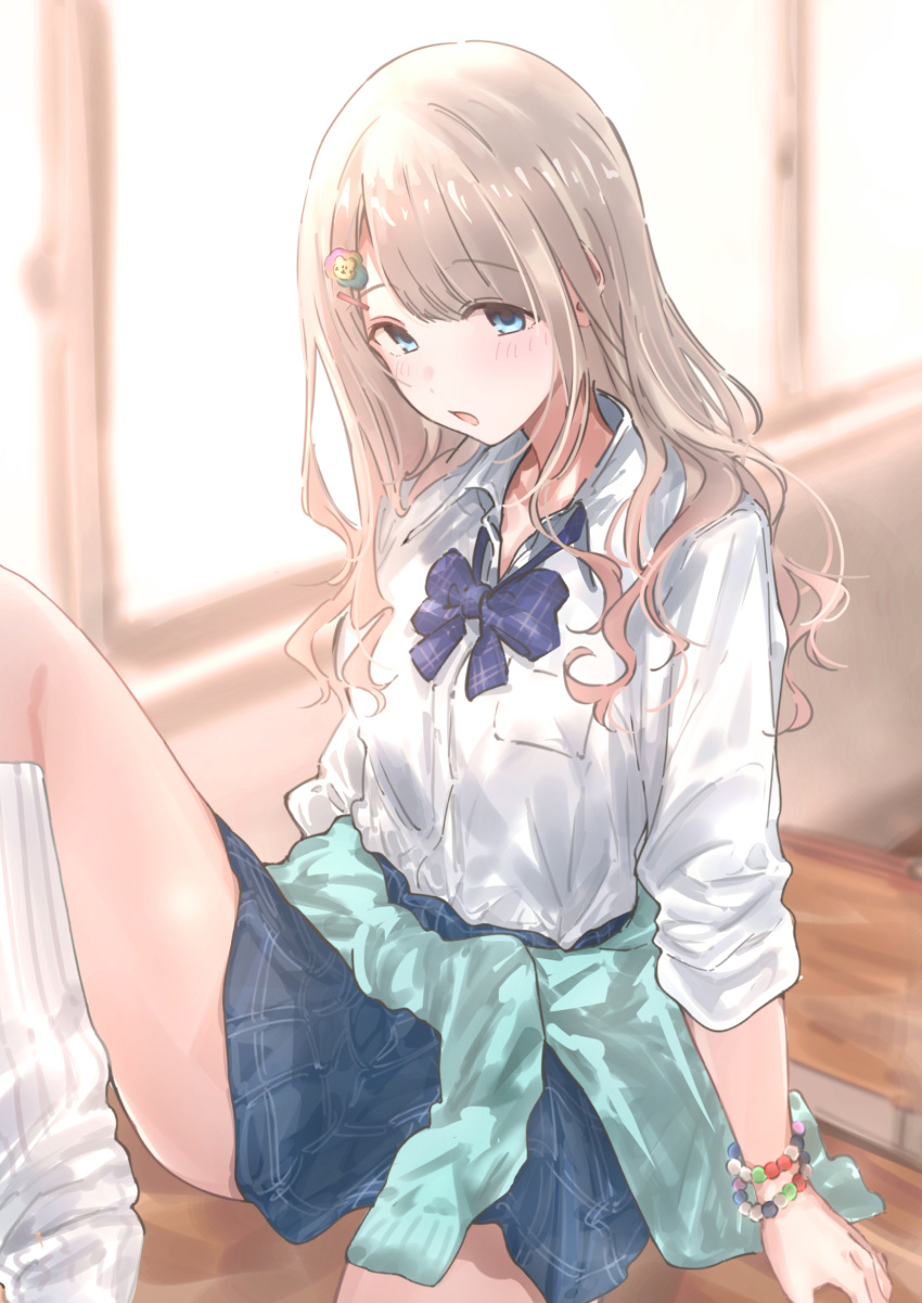 1girl :o backlighting blue_bow blue_bowtie blue_cardigan blue_skirt blush bow bowtie bracelet cardigan cardigan_around_waist clothes_around_waist grey_hair gyaru highres idolmaster idolmaster_shiny_colors indoors jewelry knee_up kogal looking_at_viewer loose_bowtie loose_socks natsumegu_(yvku8527) official_alternate_costume plaid plaid_bow plaid_bowtie serizawa_asahi shirt sitting skirt socks solo white_shirt white_socks