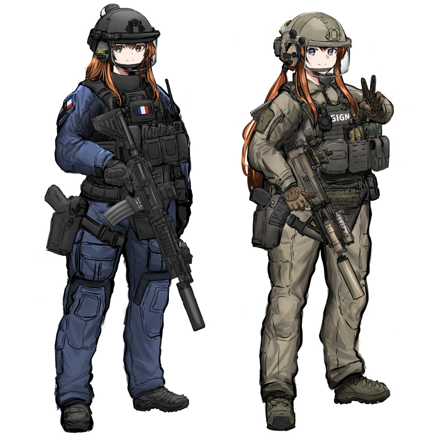 1girl ammunition_pouch ar-15 assault_rifle boots bulletproof_vest france gign gloves gun handgun headset helmet highres looking_at_viewer military_uniform orange_hair original pouch rennn_(ilobeste) rifle smile solo suppressor trigger_discipline uniform v visor_(armor) weapon white_background