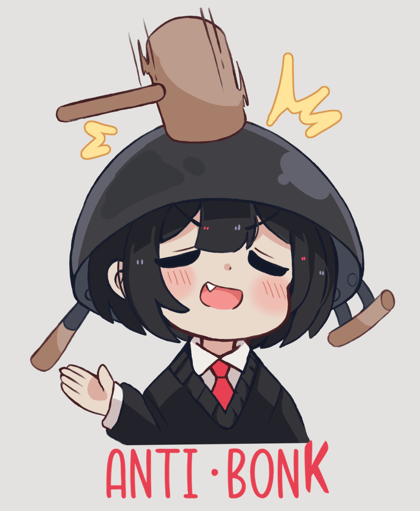 :d ^^^ black_hair black_sweater blush bob_cut bonk closed_eyes collared_shirt commentary cropped_torso dress_shirt english_commentary facing_viewer fang grey_background hand_up highres hitting long_sleeves mai_(melonbread) mallet melonbread necktie open_mouth original pot_on_head red_necktie school_uniform shirt short_hair simple_background smile smug sweater v-neck v-shaped_eyebrows white_shirt wok