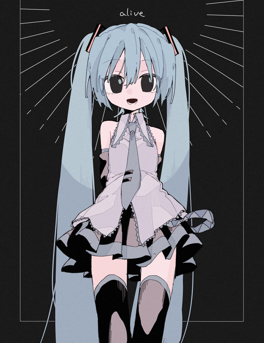 1girl absurdres arms_behind_back bare_shoulders black_background black_eyes black_skirt black_thighhighs blue_hair collared_shirt commentary cowboy_shot detached_sleeves english_text grey_necktie grey_shirt hair_ornament hatsune_miku highres long_hair looking_at_viewer miniskirt necktie open_mouth outside_border pleated_skirt shiro_kuro_(shirokuro_3939) shirt skirt sleeveless sleeveless_shirt smile solo standing thighhighs twintails very_long_hair vocaloid zettai_ryouiki